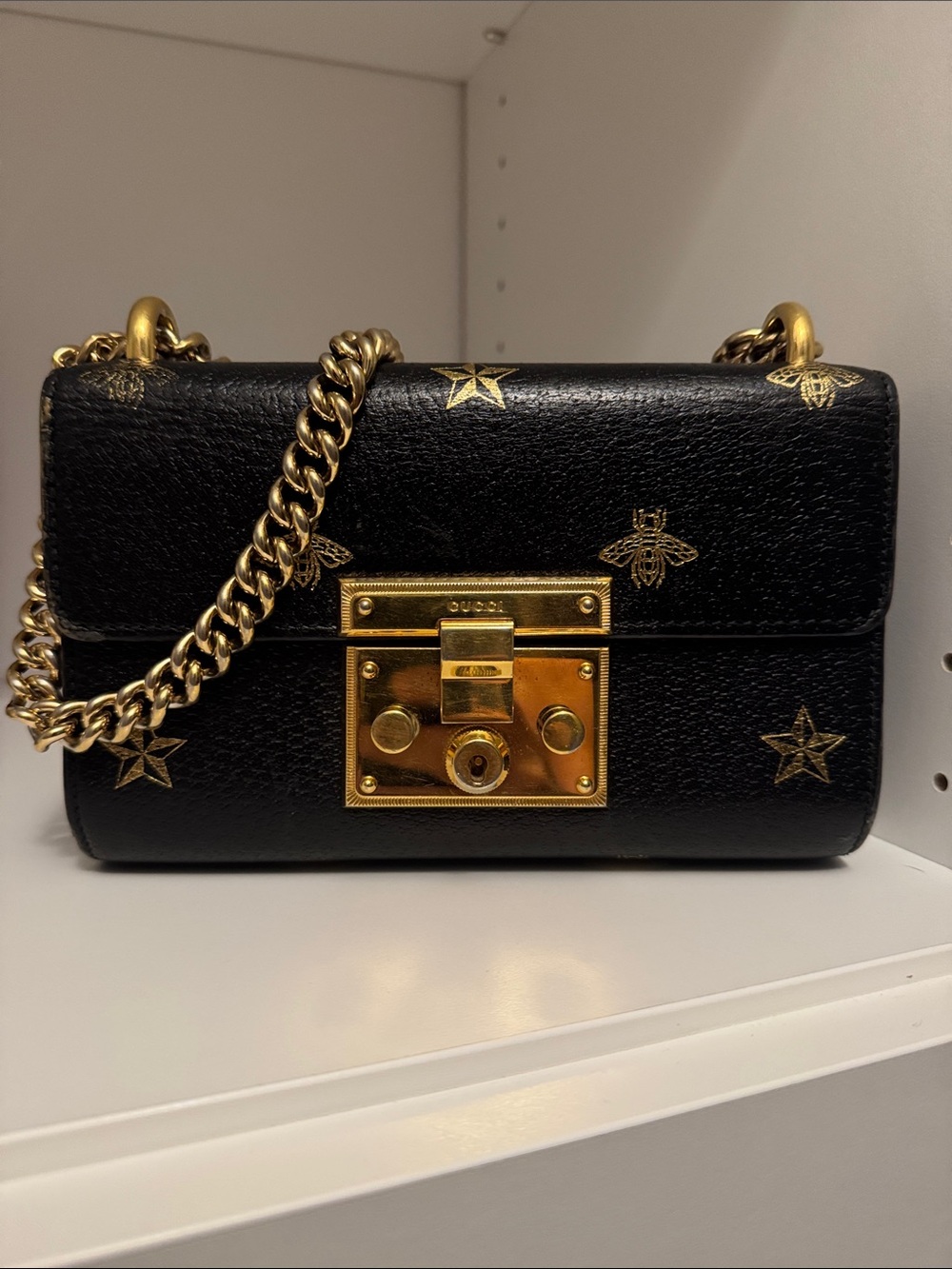 Gucci Grained Calfskin Bee Star Small Padlock Shoulder Bag Black